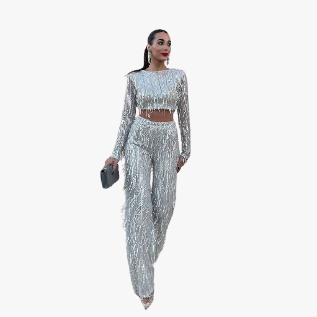 Jace & Rose Crop Top Trouser 2-Piece Set with Frills and Sequins for women