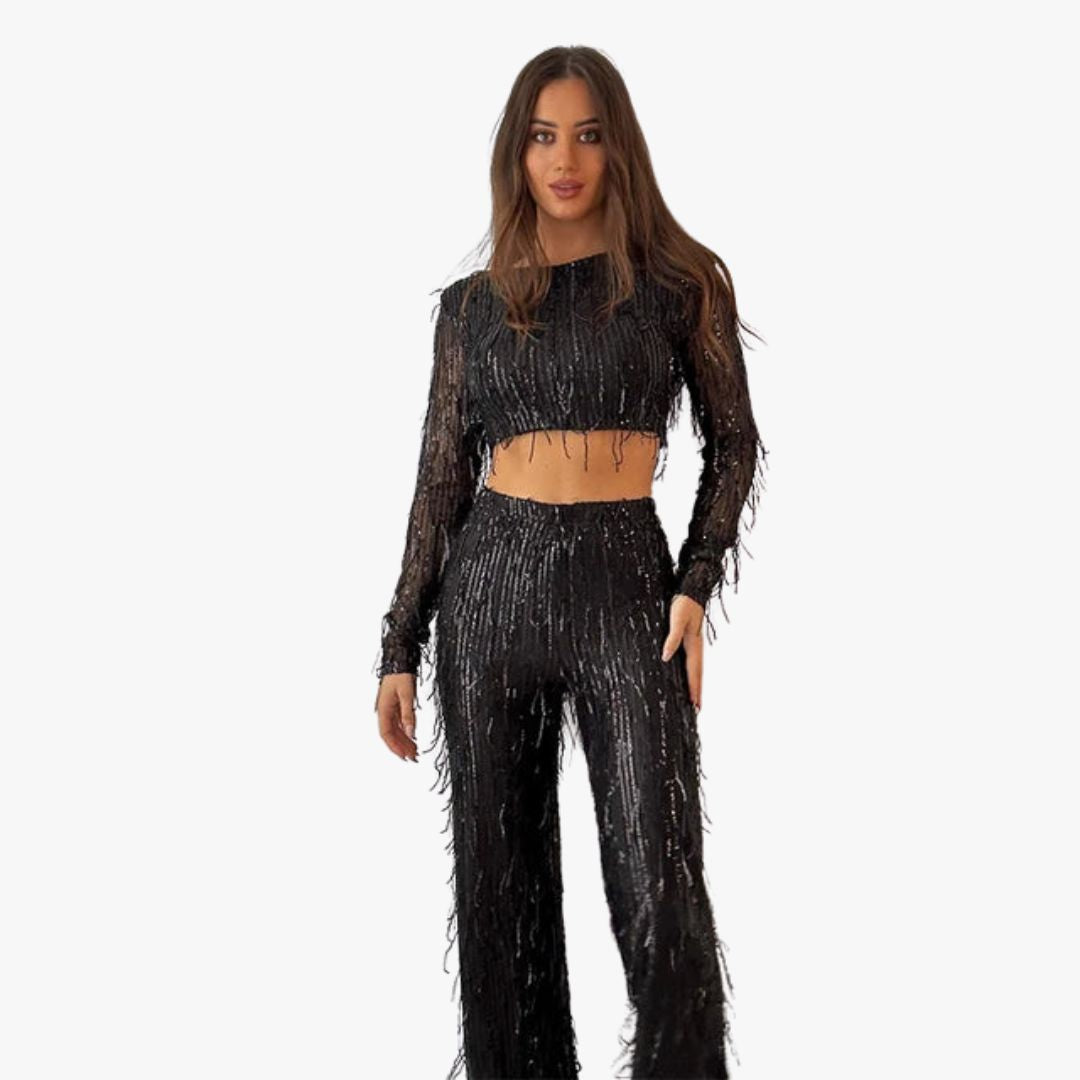 Jace & Rose Crop Top Trouser 2-Piece Set with Frills and Sequins for women