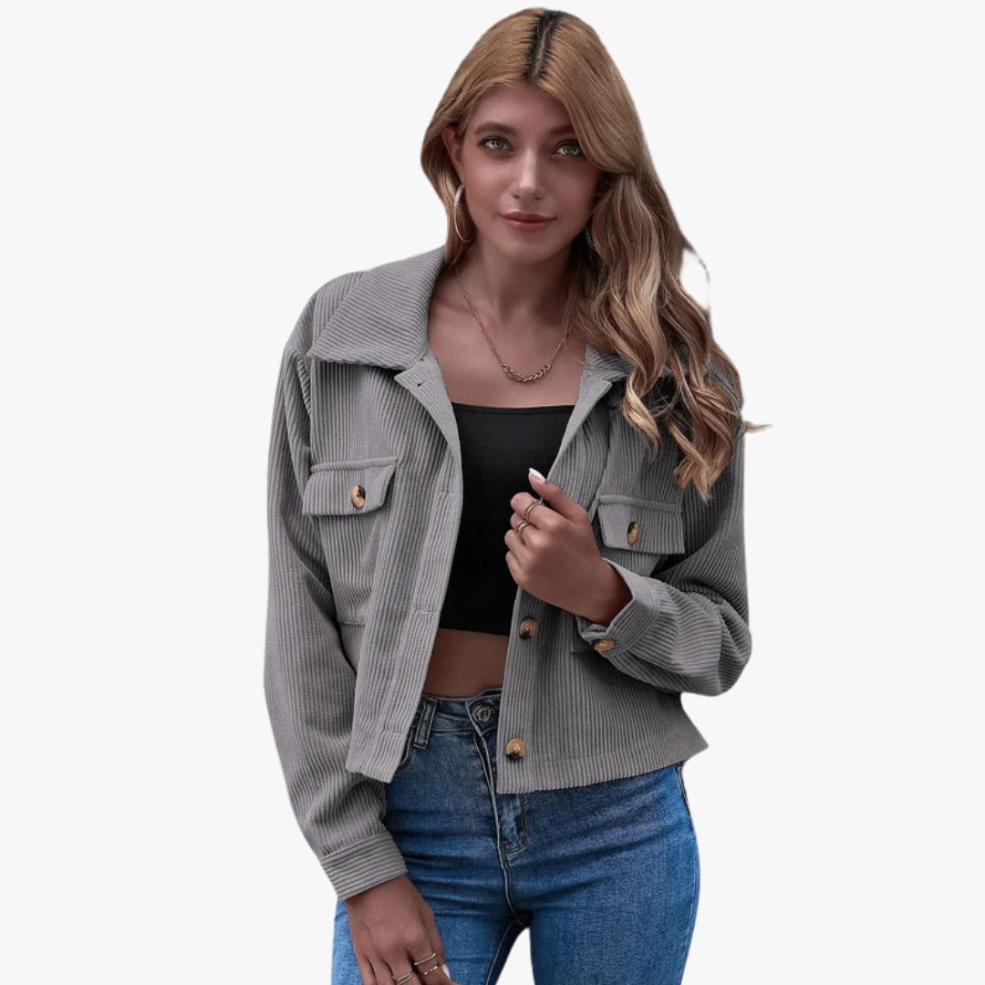 Jace & Rose Cropped Relaxed Fit Button-Up Shirt Collar Long Sleeve Jacket for Women