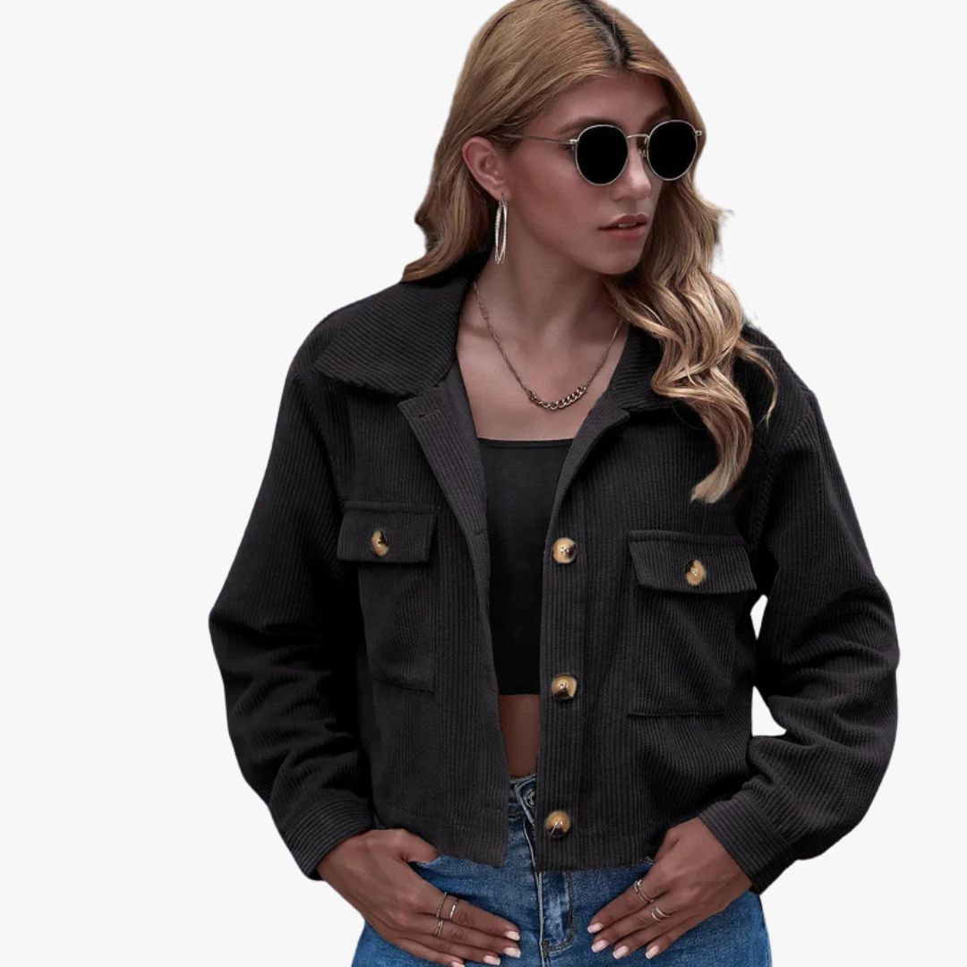 Jace & Rose Cropped Relaxed Fit Button-Up Shirt Collar Long Sleeve Jacket for Women