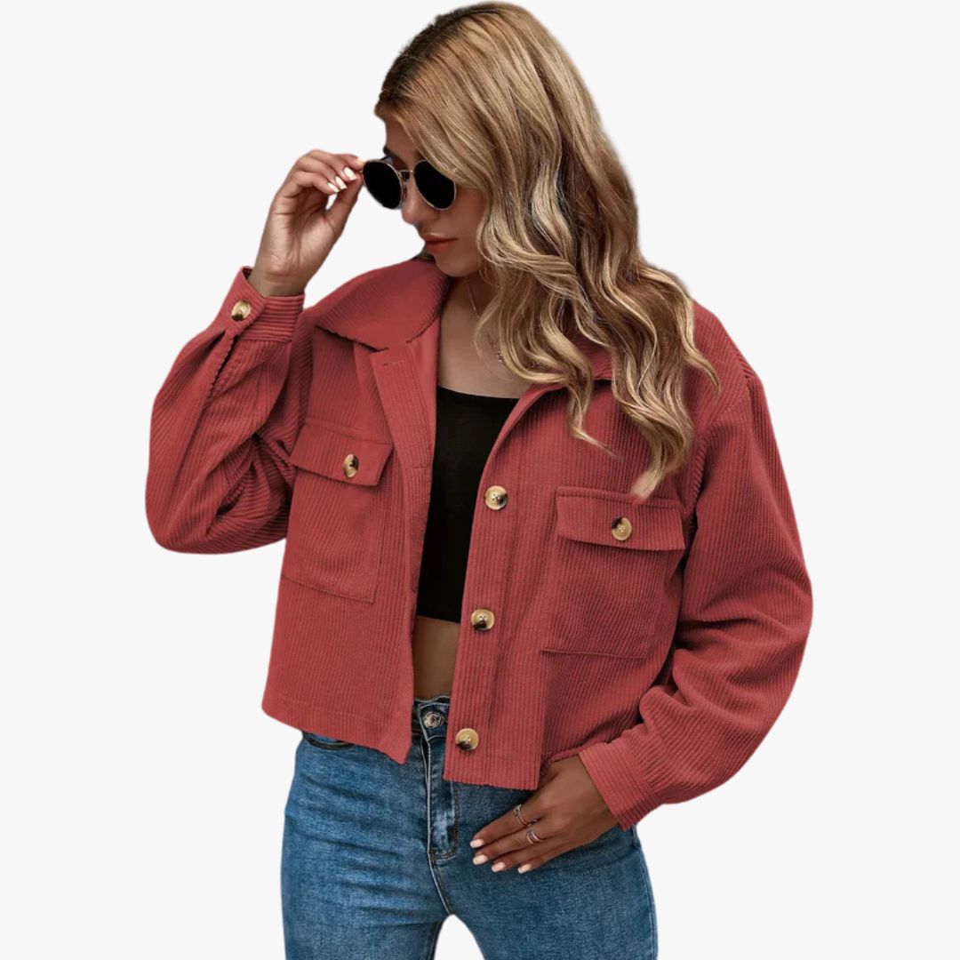 Jace & Rose Cropped Relaxed Fit Button-Up Shirt Collar Long Sleeve Jacket for Women