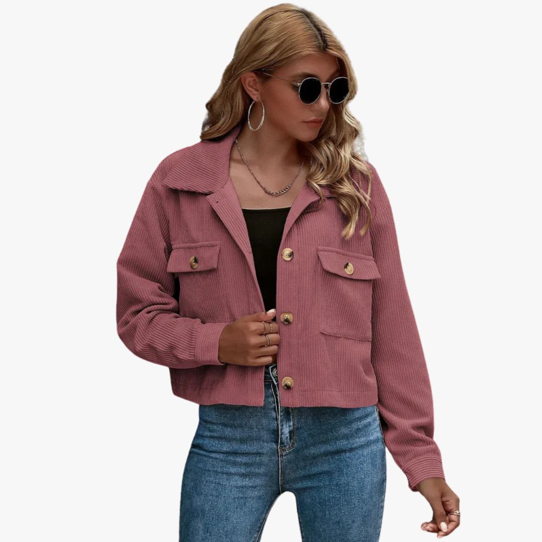 Jace & Rose Cropped Relaxed Fit Button-Up Shirt Collar Long Sleeve Jacket for Women