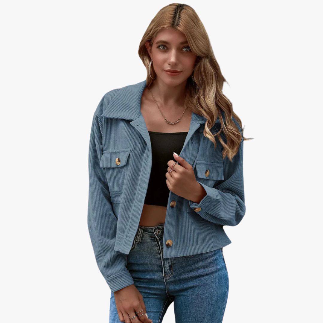 Jace & Rose Cropped Relaxed Fit Button-Up Shirt Collar Long Sleeve Jacket for Women