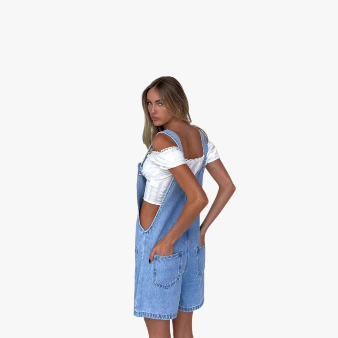 Jace & Rose Dungaree Shorts Denim Loose Fit Adjustable Straps Button Front Pockets for Women