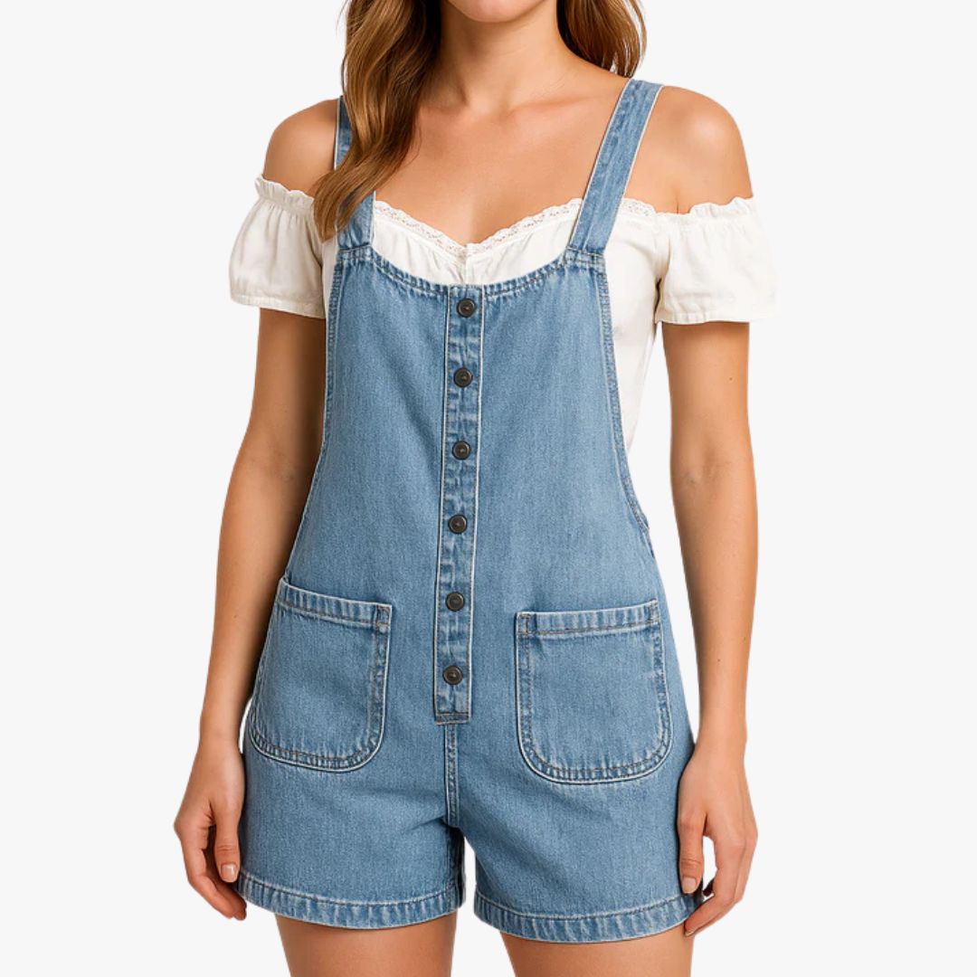 Jace & Rose Dungaree Shorts Denim Loose Fit Adjustable Straps Button Front Pockets for Women