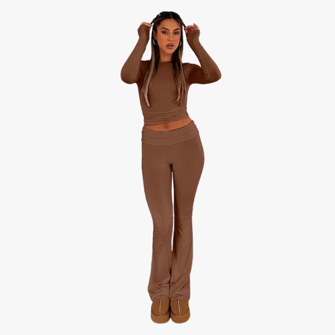 Jace & Rose Flared Trousers Stretch Fabric Low Rise Foldable Waistband 2-Piece set for Women