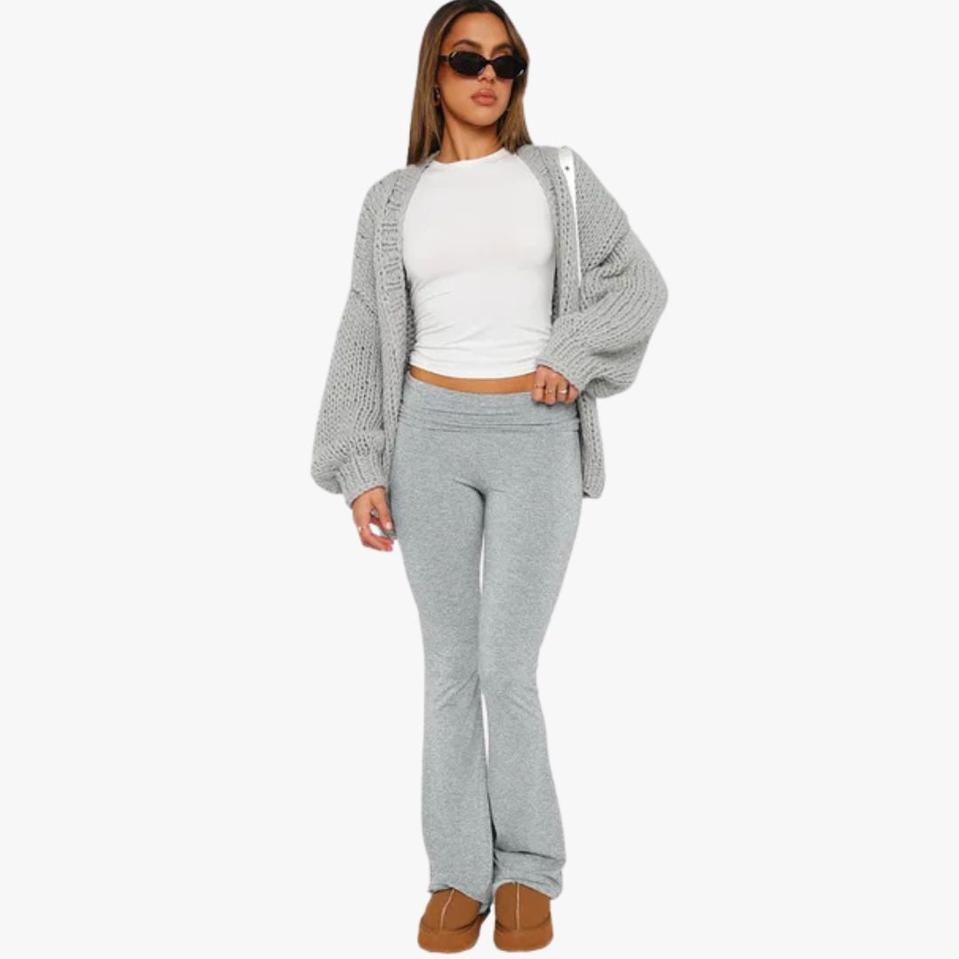 Jace & Rose Flared Trousers Stretch Fabric Low Rise Foldable Waistband 2-Piece set for Women
