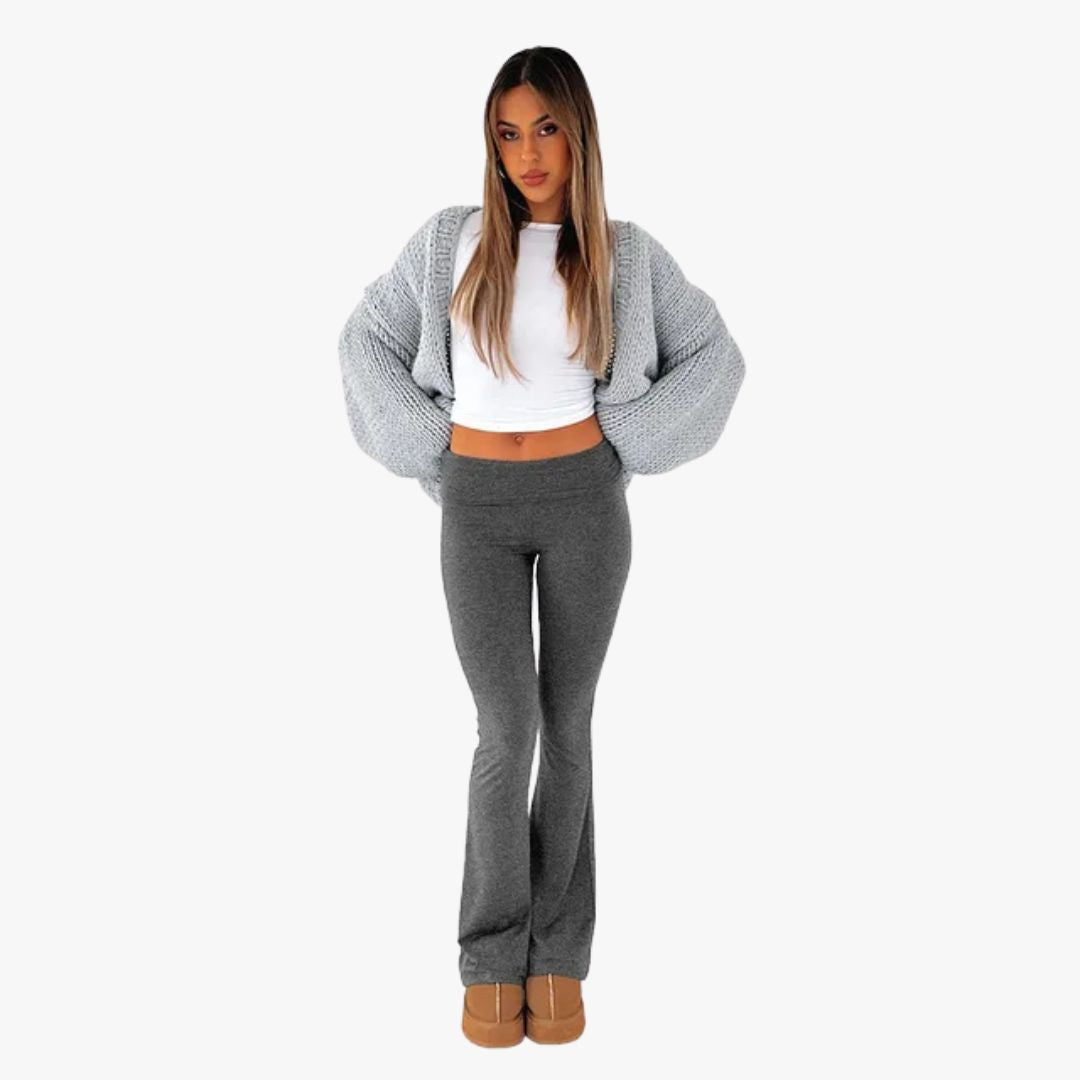 Jace & Rose Flared Trousers Stretch Fabric Low Rise Foldable Waistband 2-Piece set for Women