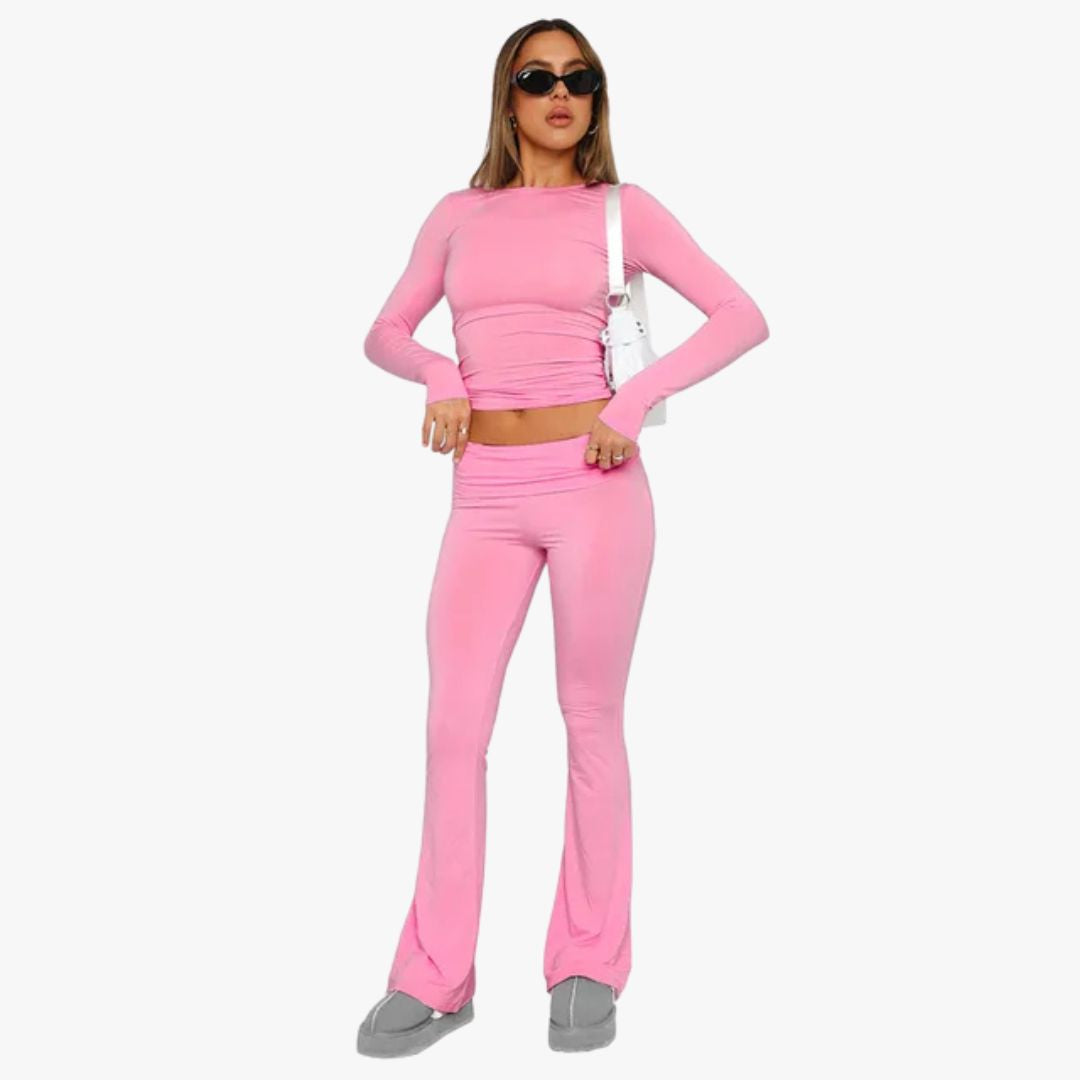 Jace & Rose Flared Trousers Stretch Fabric Low Rise Foldable Waistband 2-Piece set for Women