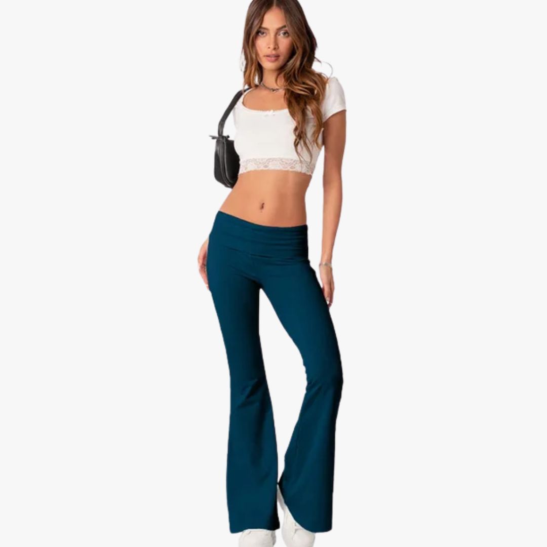 Jace & Rose Flared Trousers Stretch Fabric Low Rise Foldable Waistband 2-Piece set for Women