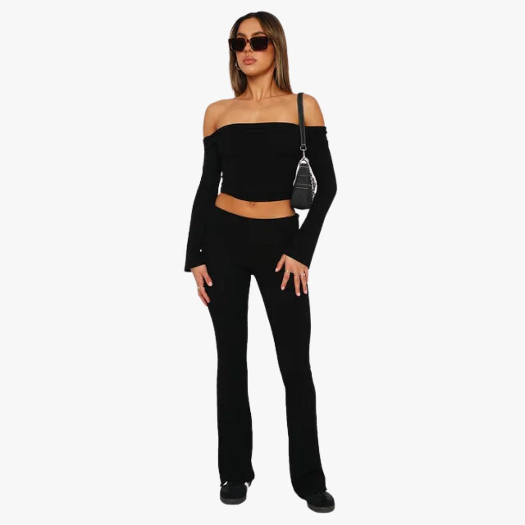 Jace & Rose Flared Trousers Stretch Fabric Low Rise Foldable Waistband 2-Piece set for Women