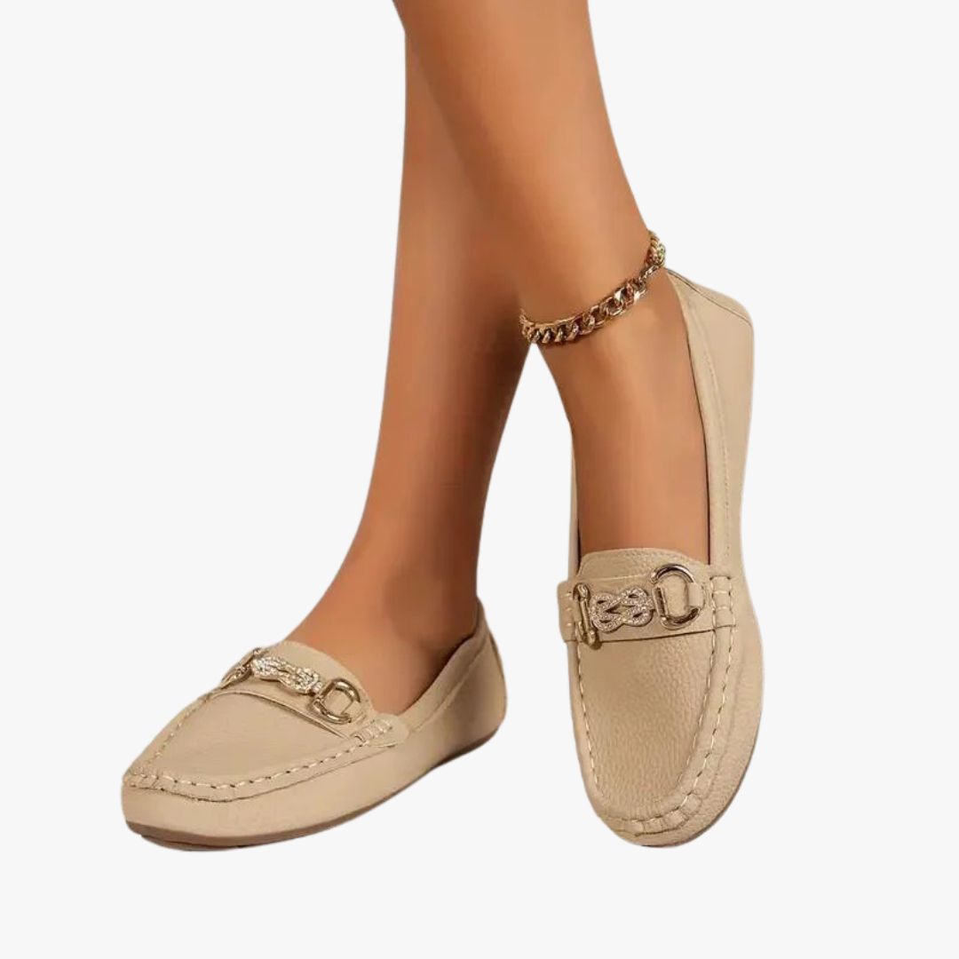 Jace & Rose Leather Upper Metallic Buckle Detail Almond Toe Rubber Sole Loafers for Women