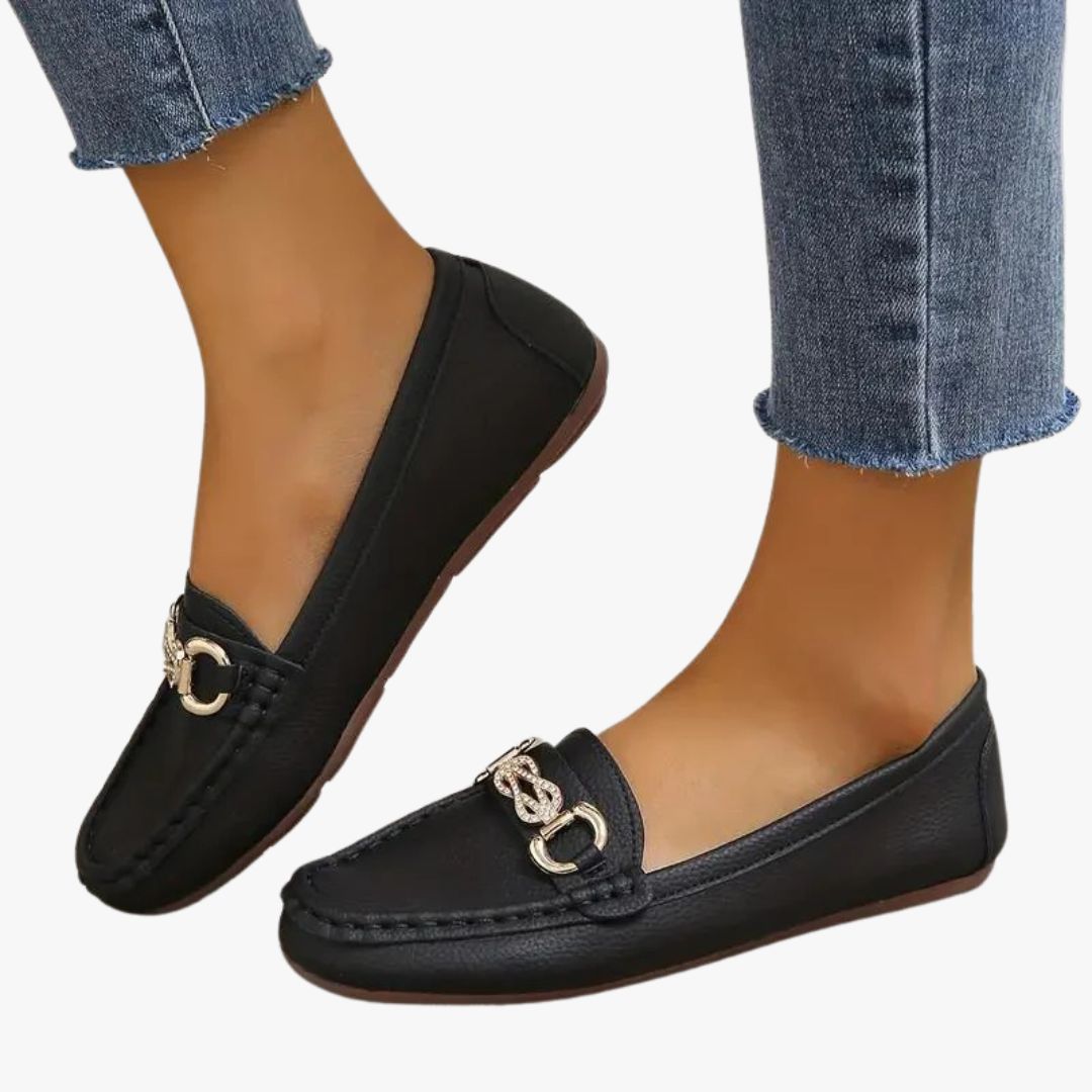 Jace & Rose Leather Upper Metallic Buckle Detail Almond Toe Rubber Sole Loafers for Women