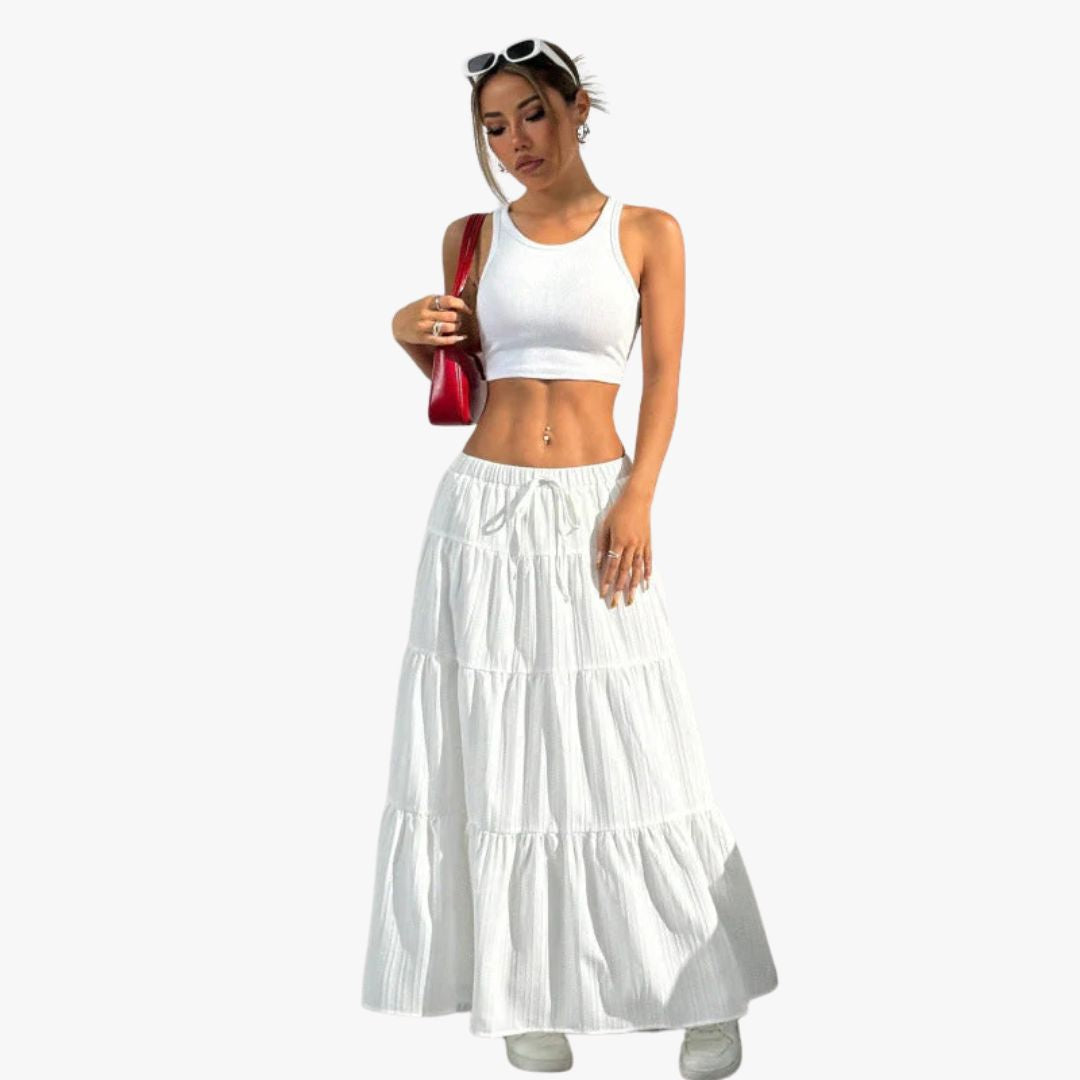 Jace & Rose Long Skirt Cotton Blend A-Line Fit Tiered Drawstring Waist for Women