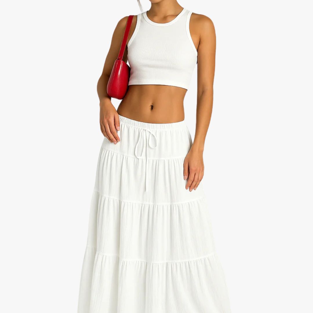 Jace & Rose Long Skirt Cotton Blend A-Line Fit Tiered Drawstring Waist for Women