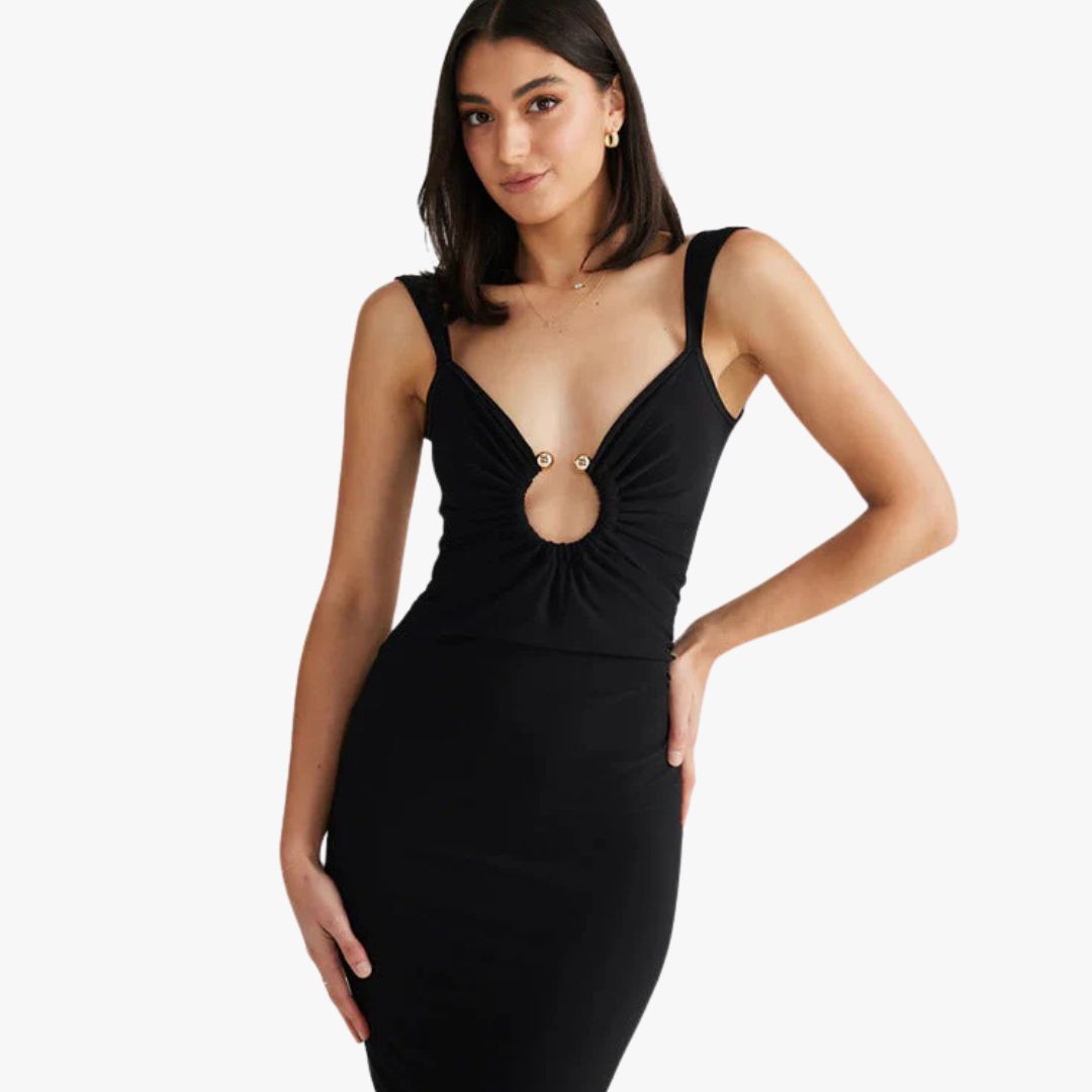 Jace & Rose Maxi Dress Slim Fit V-Neck Open Back Cut-Out Front Slit Detail for Women