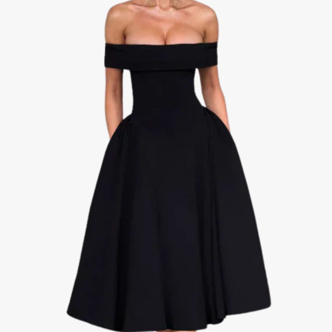 Jace & Rose Off-Shoulder Fitted Bodice A-Line Flared Skirt Elegant Formal Wear Midi Dress for Women