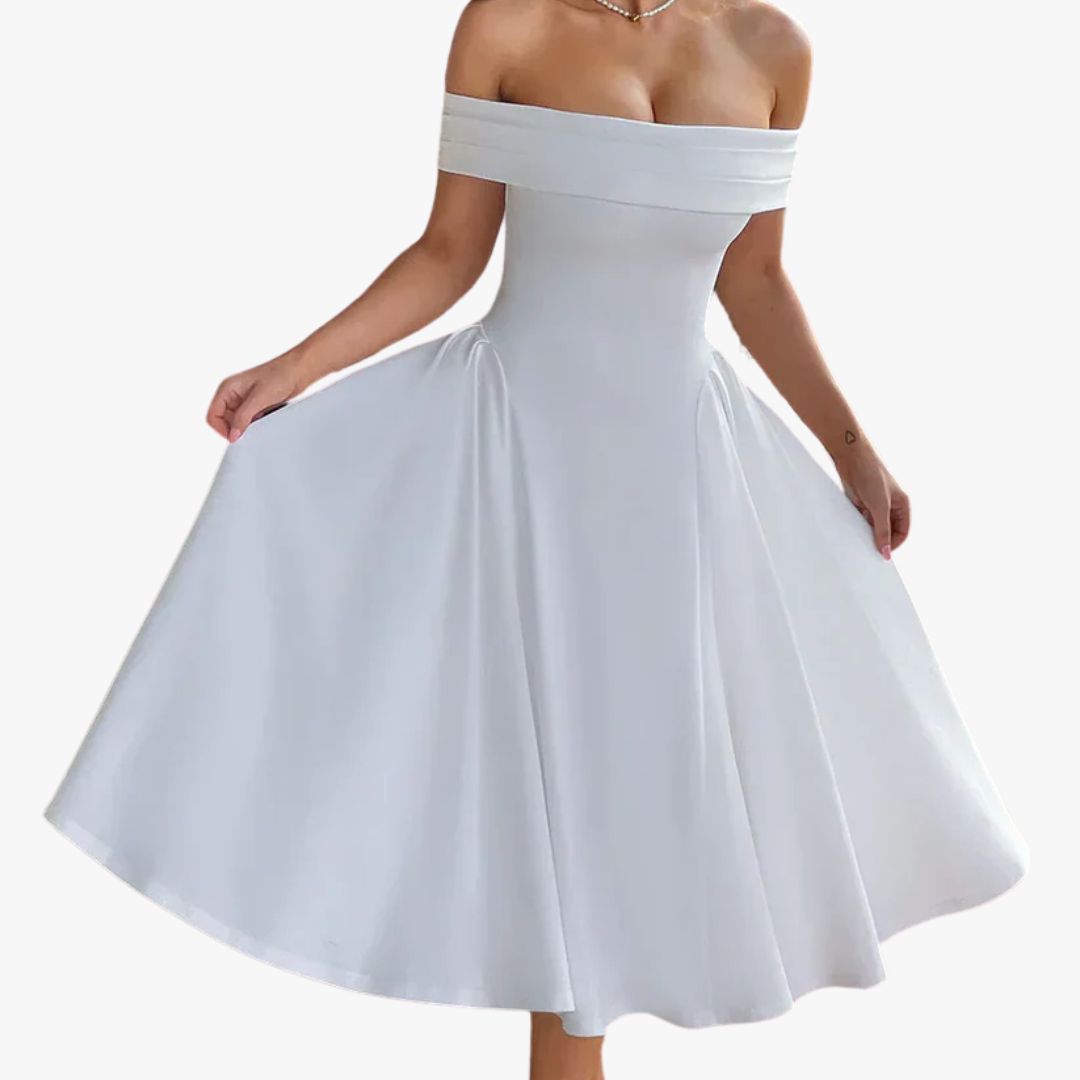 Jace & Rose Off-Shoulder Fitted Bodice A-Line Flared Skirt Elegant Formal Wear Midi Dress for Women