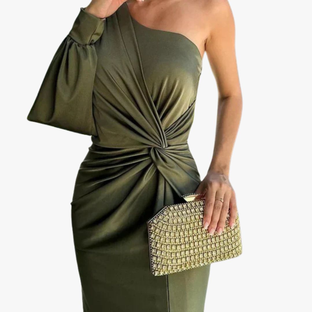 Jace & Rose One-Shoulder Belly Cover Elegant Fitted Design Waist Knot Detail Maxi Dress for Women