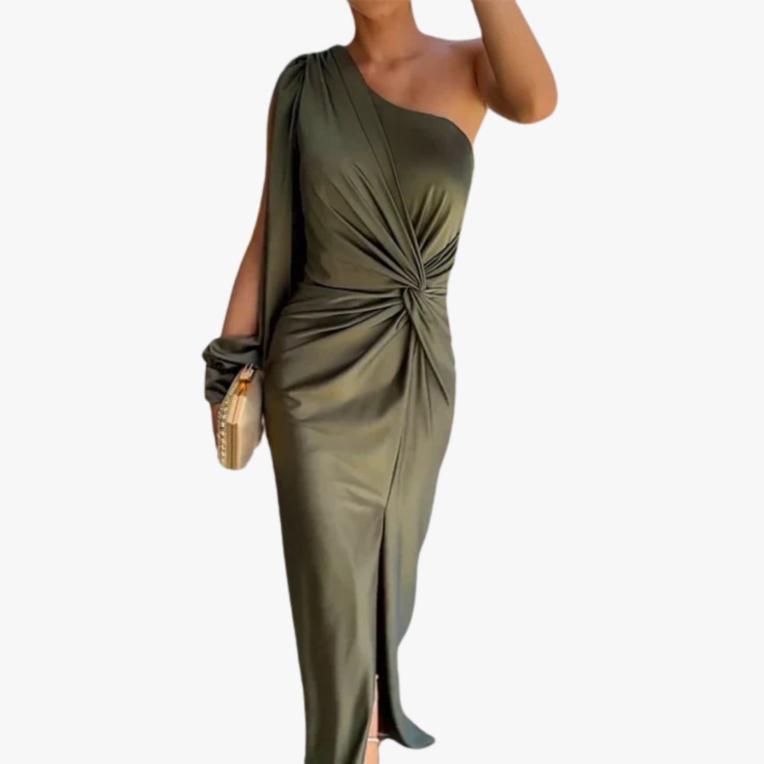 Jace & Rose One-Shoulder Belly Cover Elegant Fitted Design Waist Knot Detail Maxi Dress for Women