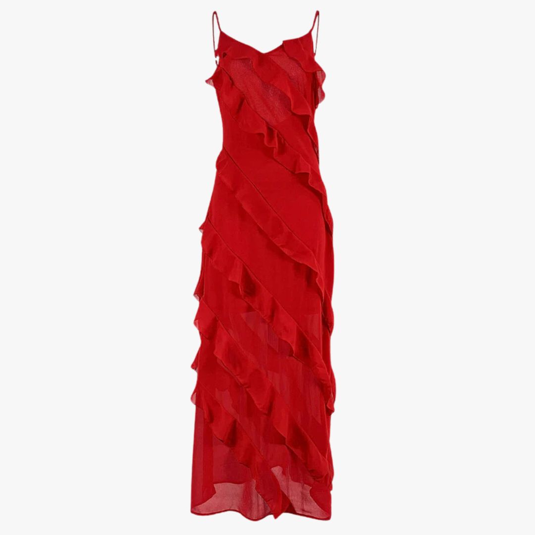 Jace & Rose Ruffled Design V-Neck Elegant Formal Wear Maxi Dress for Women