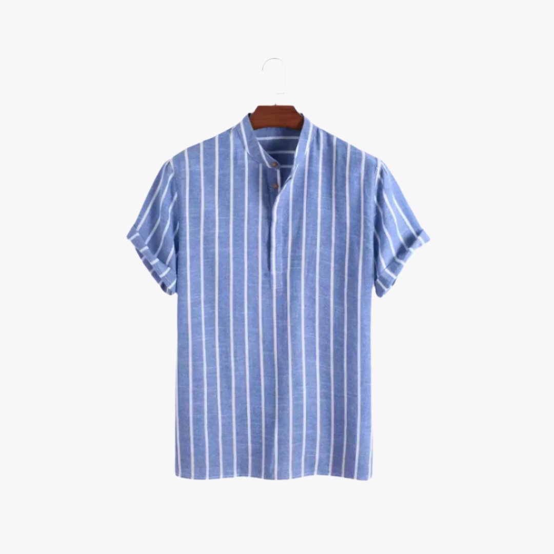 Jace & Rose | Striped Linen Shirt – Men's Lightweight Short-Sleeve with Stand-Up Collar