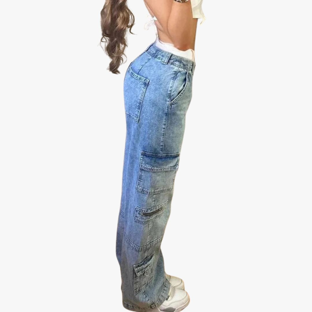 Jace & Rose Stylish High Wausted Cargo Baggy Jeans with Side Pockets for Women