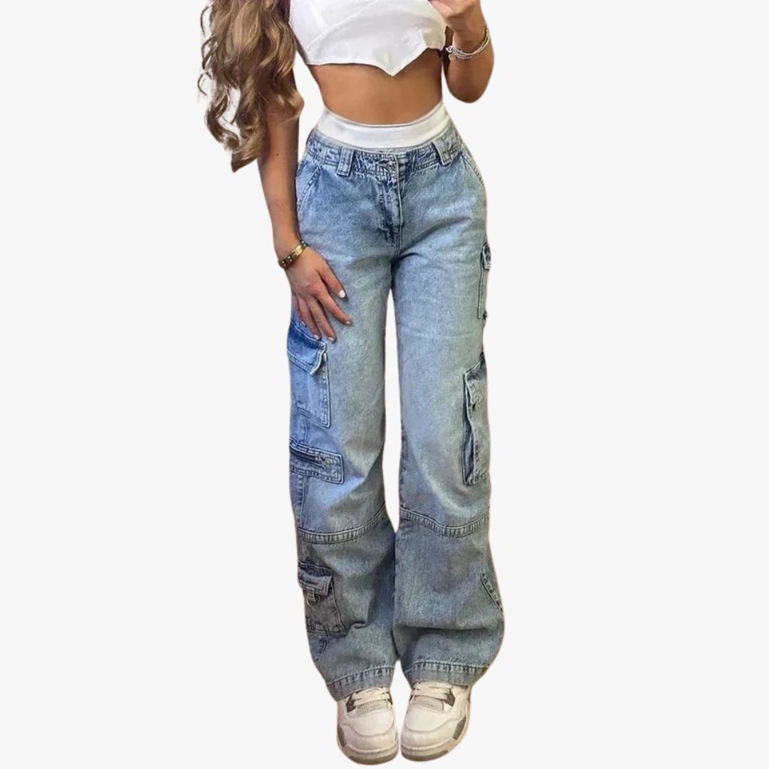 Jace & Rose Stylish High Wausted Cargo Baggy Jeans with Side Pockets for Women