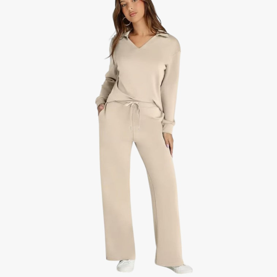 Jace & Rose 2-Piece Set V-Neck Sweatshirt and Elastic Waist Wide-Leg Trousers for Women
