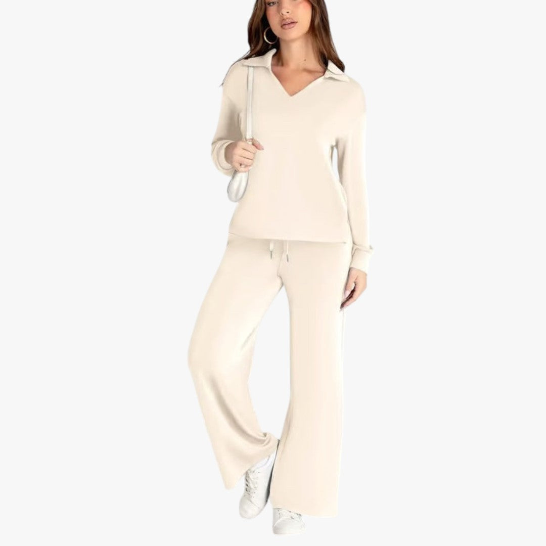 Jace & Rose 2-Piece Set V-Neck Sweatshirt and Elastic Waist Wide-Leg Trousers for Women