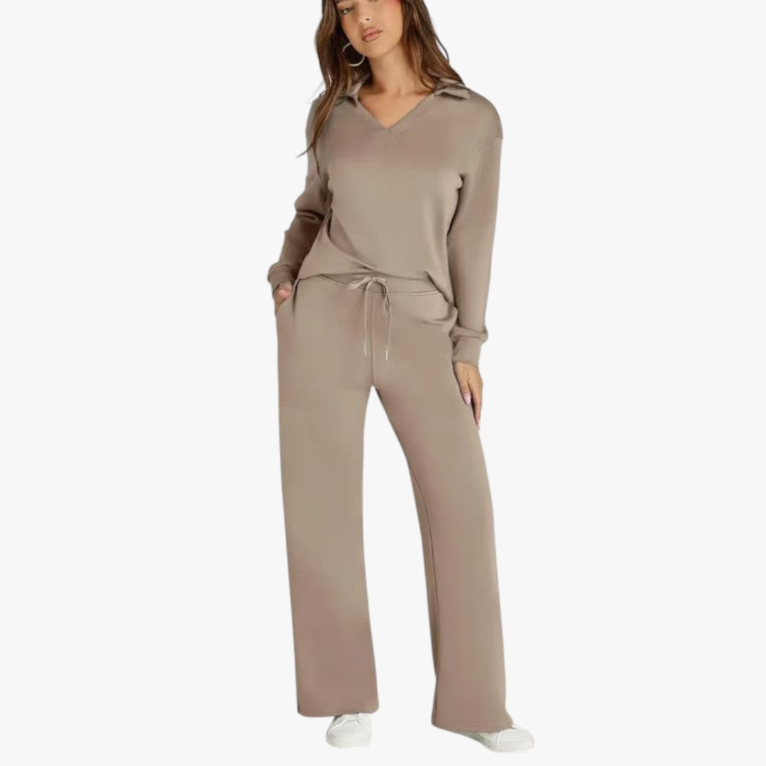 Jace & Rose 2-Piece Set V-Neck Sweatshirt and Elastic Waist Wide-Leg Trousers for Women