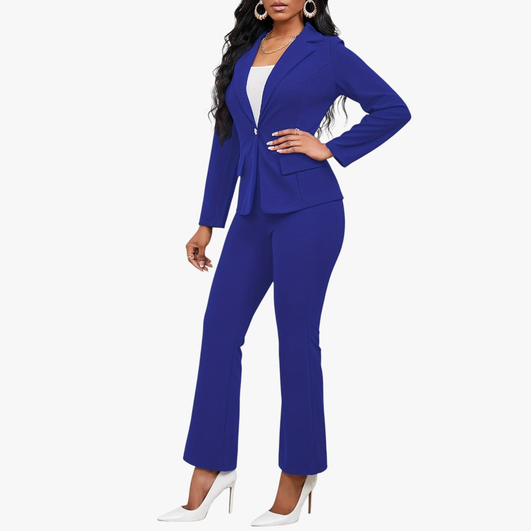 Jace & Rose Button Front Long Sleeve Lapel Blazer & Bootcut Suit Pants Outfit 2-Piece Set for Women