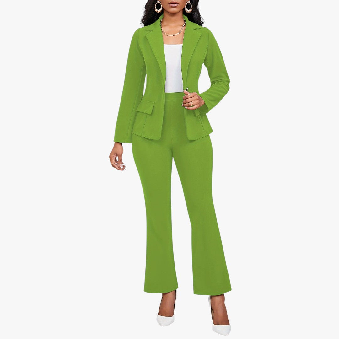 Jace & Rose Button Front Long Sleeve Lapel Blazer & Bootcut Suit Pants Outfit 2-Piece Set for Women