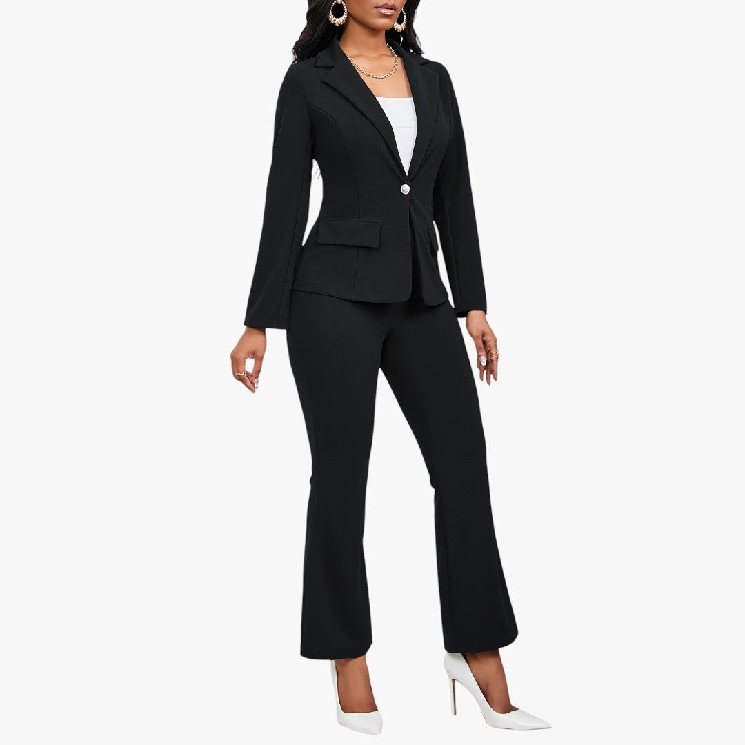 Jace & Rose Button Front Long Sleeve Lapel Blazer & Bootcut Suit Pants Outfit 2-Piece Set for Women