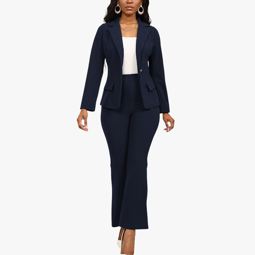 Jace & Rose Button Front Long Sleeve Lapel Blazer & Bootcut Suit Pants Outfit 2-Piece Set for Women