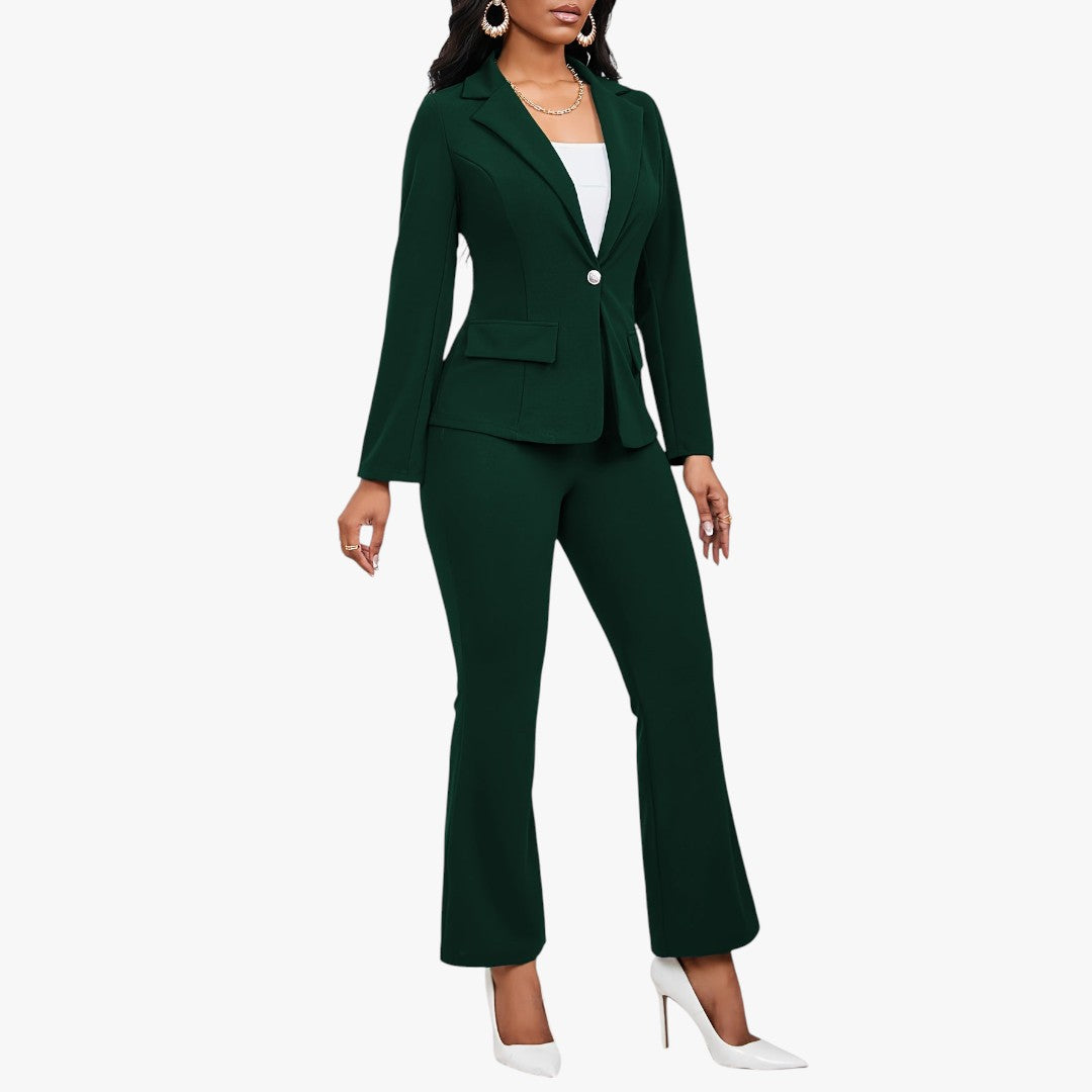 Jace & Rose Button Front Long Sleeve Lapel Blazer & Bootcut Suit Pants Outfit 2-Piece Set for Women