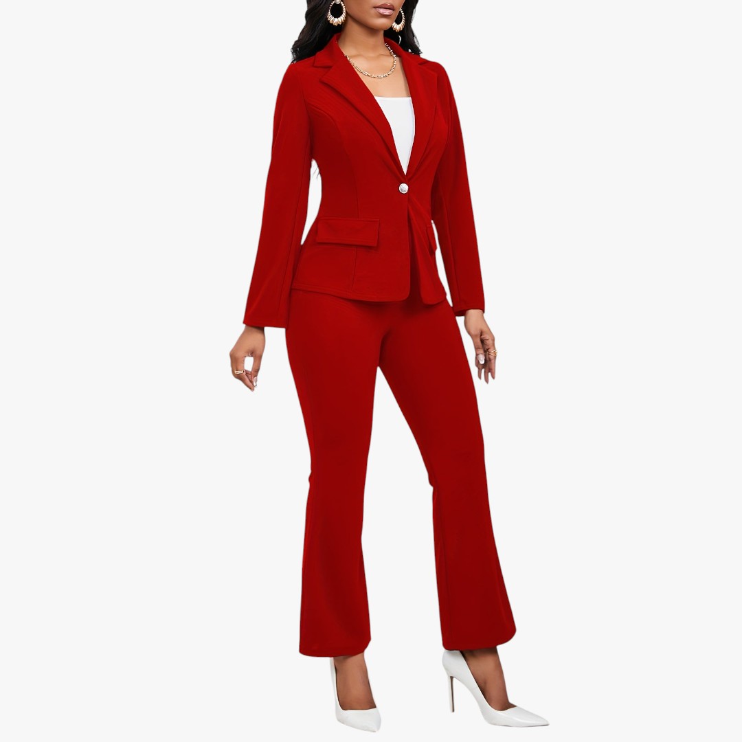 Jace & Rose Button Front Long Sleeve Lapel Blazer & Bootcut Suit Pants Outfit 2-Piece Set for Women