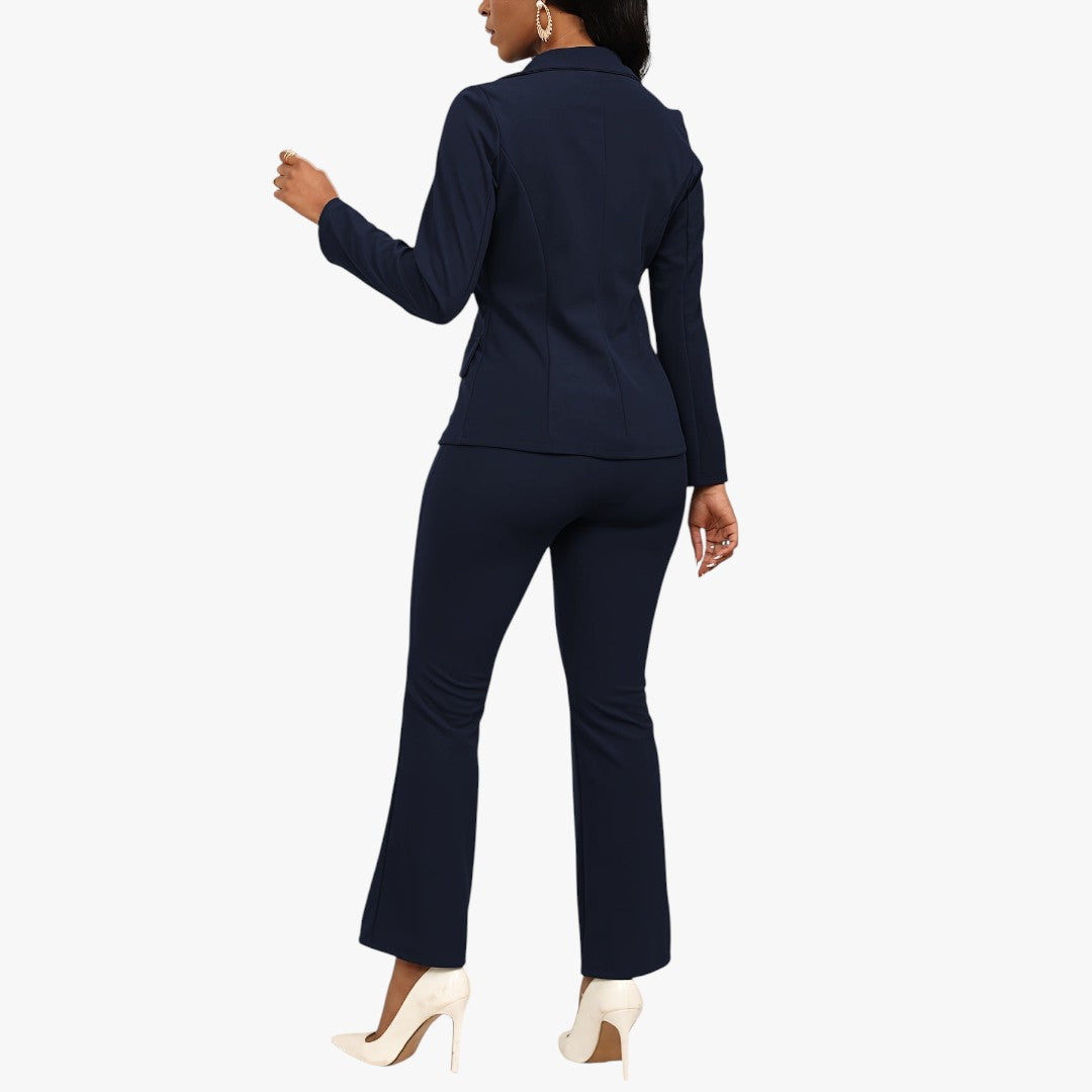 Jace & Rose Button Front Long Sleeve Lapel Blazer & Bootcut Suit Pants Outfit 2-Piece Set for Women
