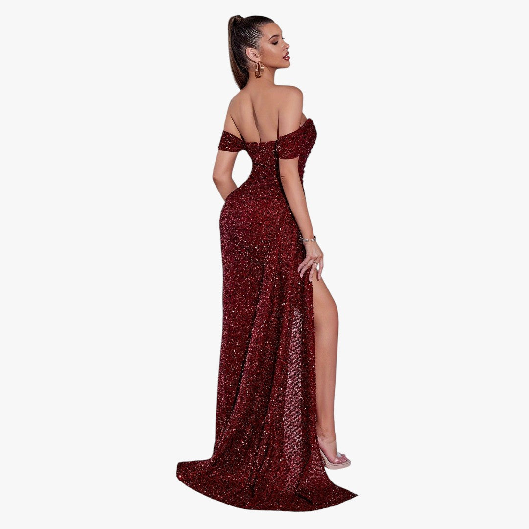 Jace & Rose Cotton Sparkling Sequin Off Shoulder Ruched Split Thigh Draped Side Slim Formal Maxi Dress for Women