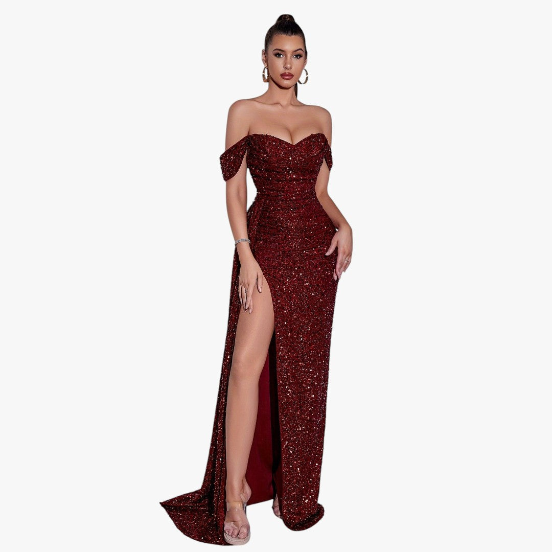 Jace & Rose Cotton Sparkling Sequin Off Shoulder Ruched Split Thigh Draped Side Slim Formal Maxi Dress for Women