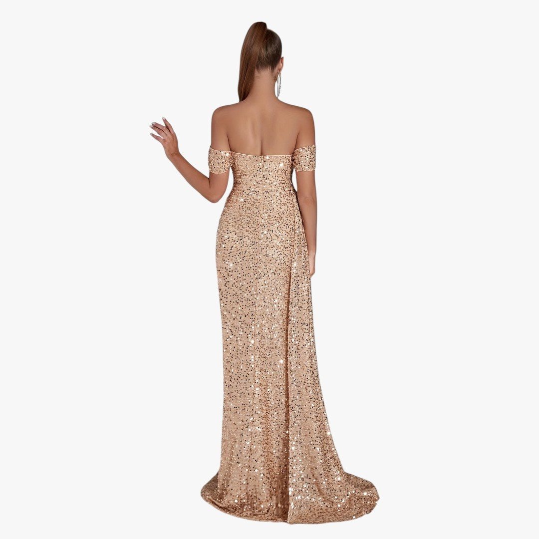 Jace & Rose Cotton Sparkling Sequin Off Shoulder Ruched Split Thigh Draped Side Slim Formal Maxi Dress for Women