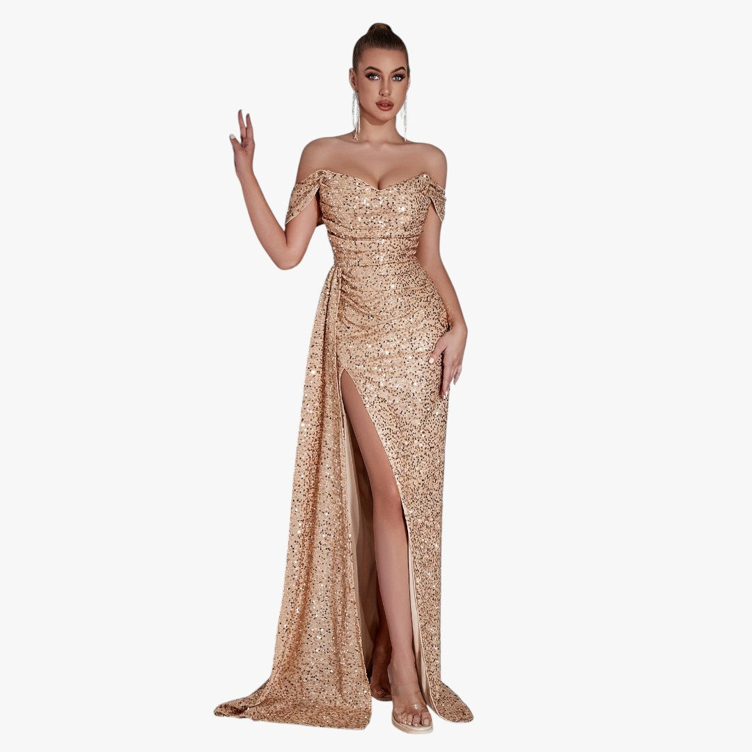 Jace & Rose Cotton Sparkling Sequin Off Shoulder Ruched Split Thigh Draped Side Slim Formal Maxi Dress for Women