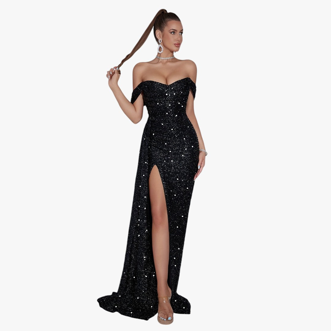 Jace & Rose Cotton Sparkling Sequin Off Shoulder Ruched Split Thigh Draped Side Slim Formal Maxi Dress for Women
